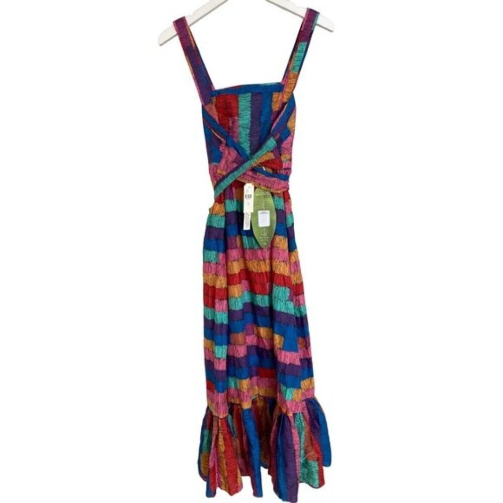Farm Rio Tropical Maxi Dress With Vibrant Multicolor Print & Waist Tie Belt - Picture 5 of 8